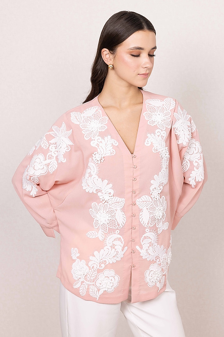 Blush Pink Crinkle Georgette Floral Embroidered Top by Ranna Gill at Pernia's Pop Up Shop