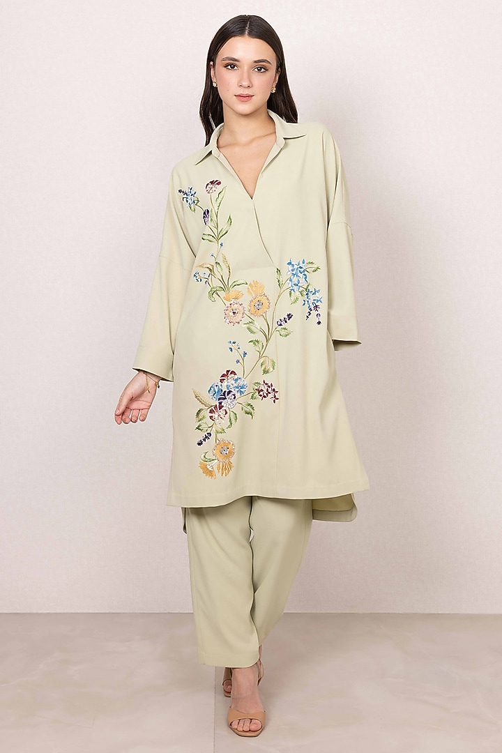 Pista Green Crepe Embroidered Tunic by Ranna Gill at Pernia's Pop Up Shop