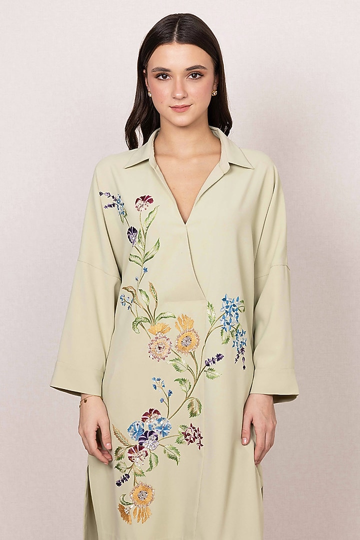 Pista Green Crepe Embroidered Tunic by Ranna Gill at Pernia's Pop Up Shop
