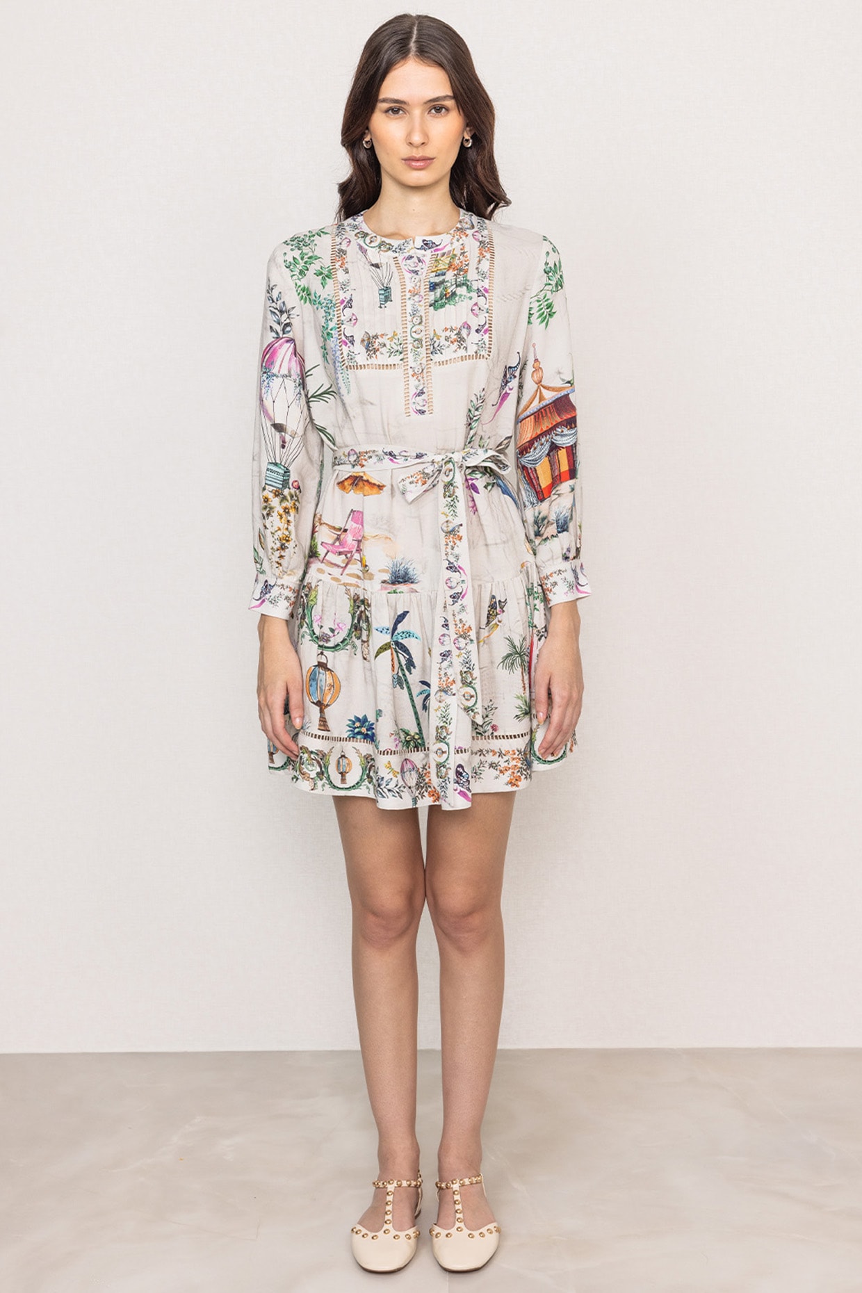 Ranna Gill Grey Linen Viscose Printed Pleated Mini Dress