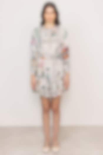 Grey Linen Viscose Printed Pleated Mini Vacation Dress by Ranna Gill at Pernia's Pop Up Shop