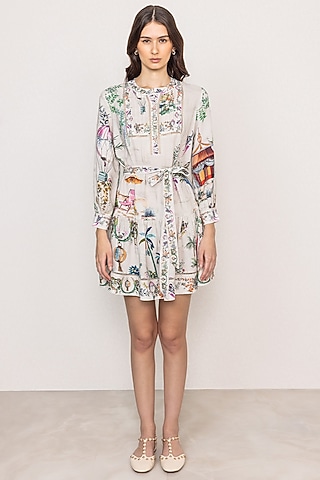Grey Linen Viscose Printed Pleated Mini Dress by Ranna Gill