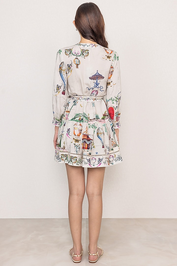 Grey Linen Viscose Printed Pleated Mini Vacation Dress by Ranna Gill at Pernia's Pop Up Shop
