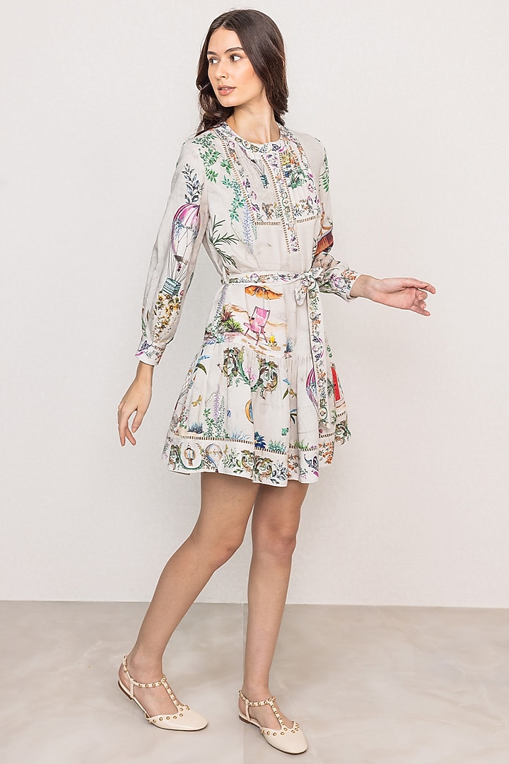 Grey Linen Viscose Printed Pleated Mini Vacation Dress by Ranna Gill at Pernia's Pop Up Shop