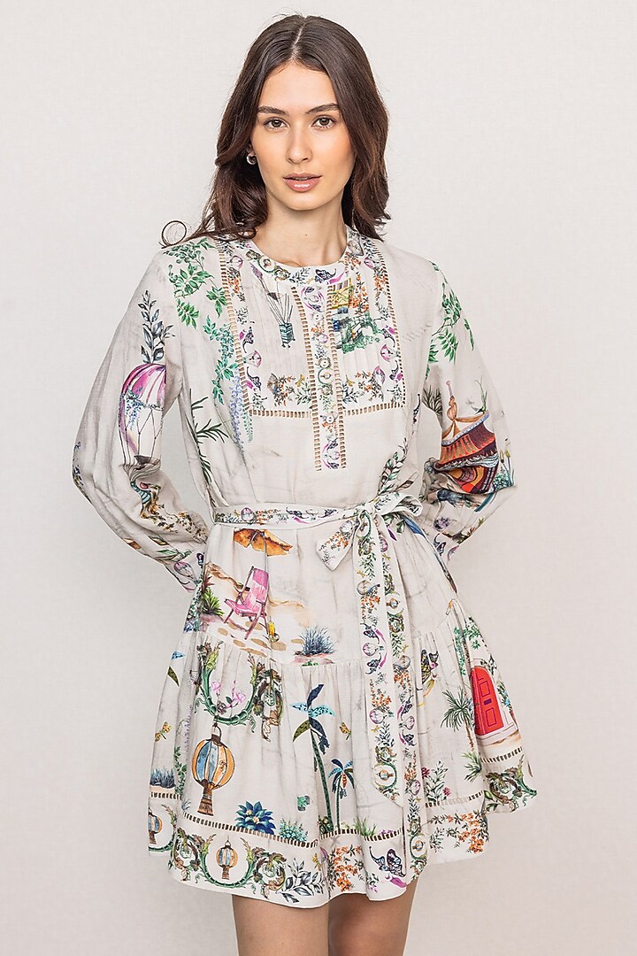 Grey Linen Viscose Printed Pleated Mini Vacation Dress by Ranna Gill at Pernia's Pop Up Shop
