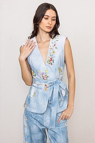 Multi-Colored Denim Printed Waistcoat by Ranna Gill