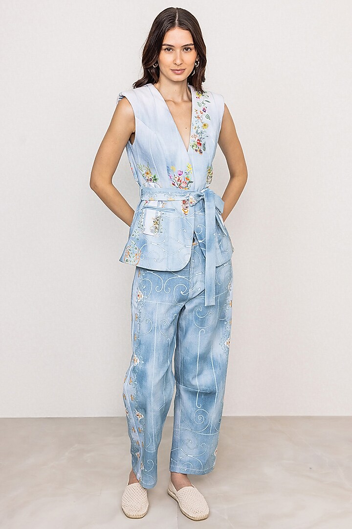 Multi-Colored Denim Printed Waistcoat by Ranna Gill at Pernia's Pop Up Shop