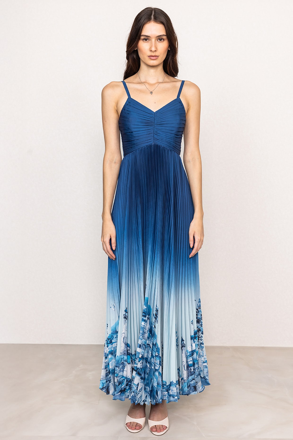Ranna Gill Blue Ombre Poly Satin Printed Pleated Maxi Dress