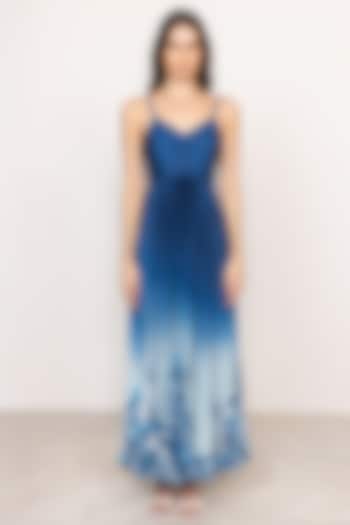 Blue Ombre Poly Satin Printed Pleated Maxi Vacation Dress by Ranna Gill at Pernia's Pop Up Shop