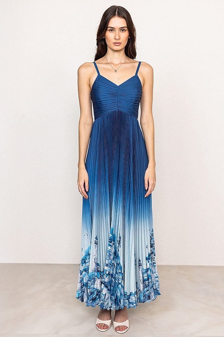 Blue Ombre Poly Satin Printed Pleated Maxi Vacation Dress by Ranna Gill at Pernia's Pop Up Shop