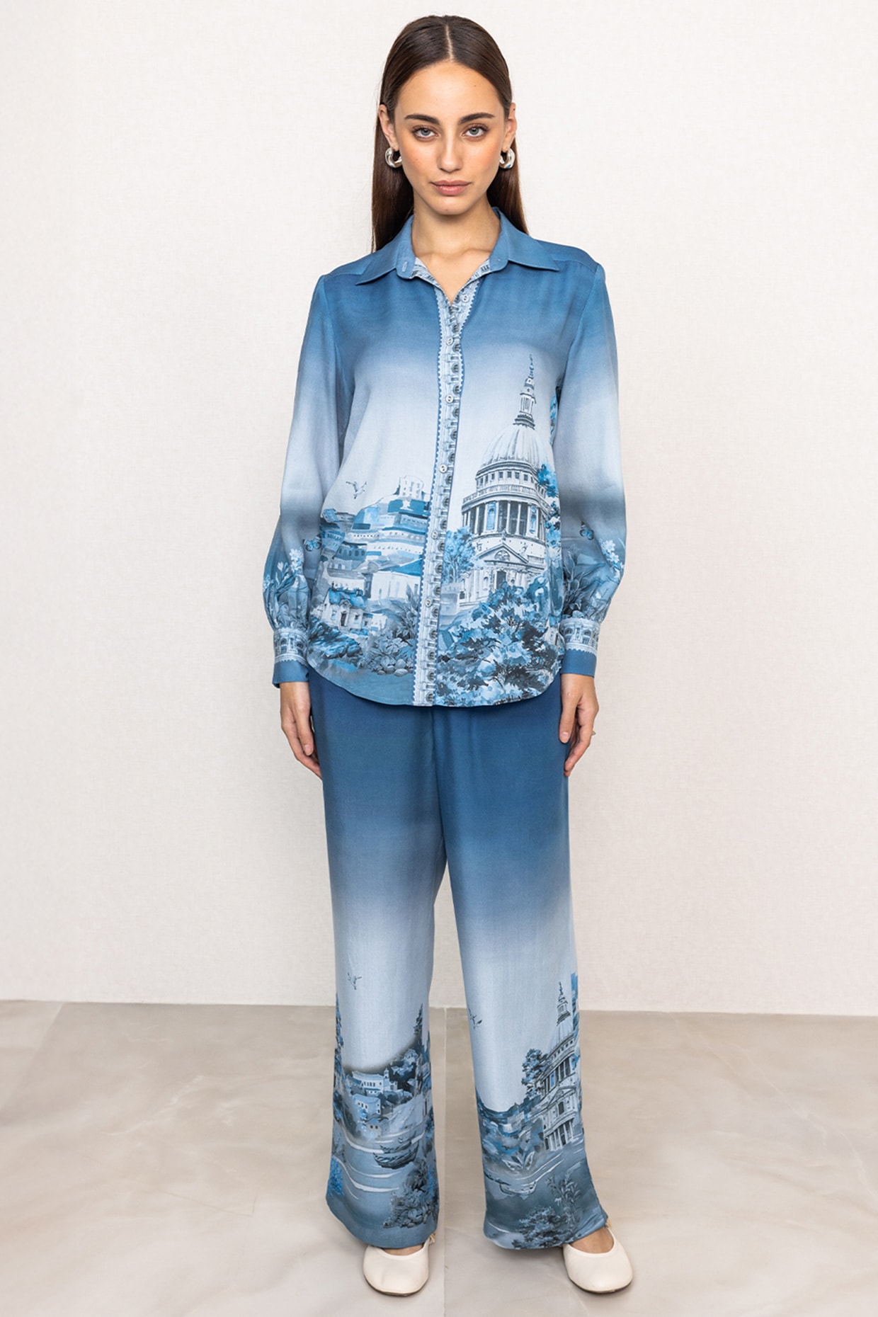 Ranna Gill Blue Ombre Viscose Linen Printed High-Waisted Pants