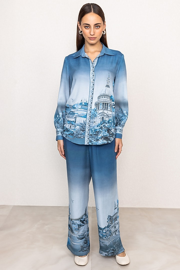 Blue Ombre Viscose Linen Printed High-Waisted Pants by Ranna Gill at Pernia's Pop Up Shop