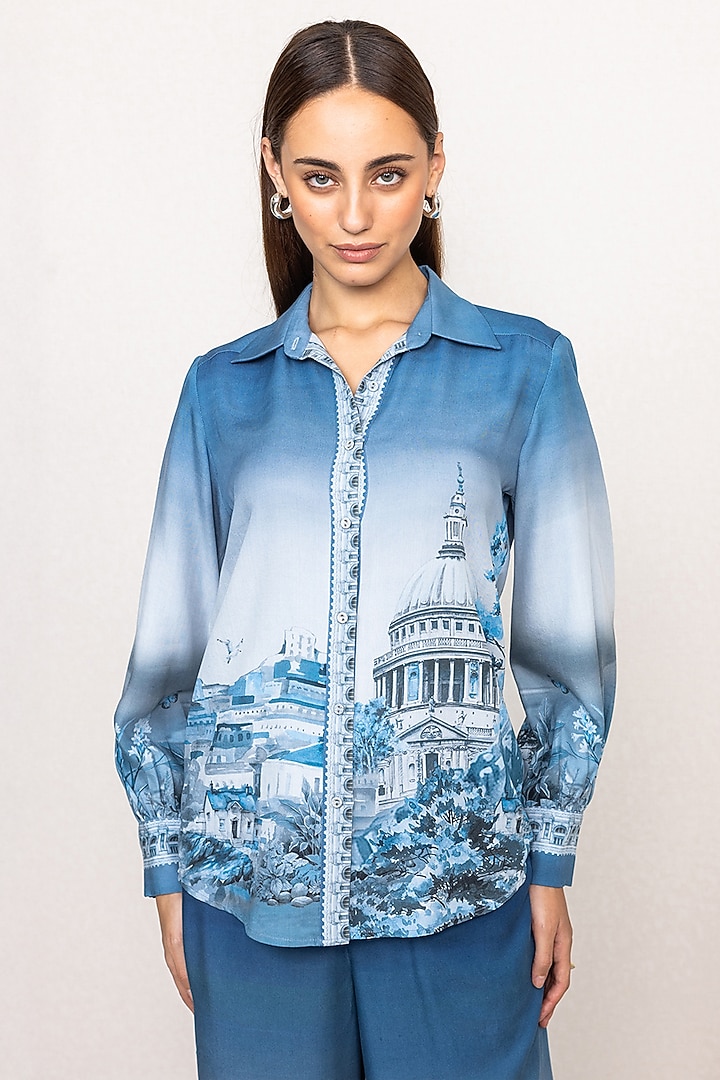 Blue Ombre Viscose Linen Printed Shirt by Ranna Gill at Pernia's Pop Up Shop