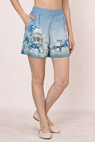 Blue Ombre Viscose Linen Printed Shorts by Ranna Gill