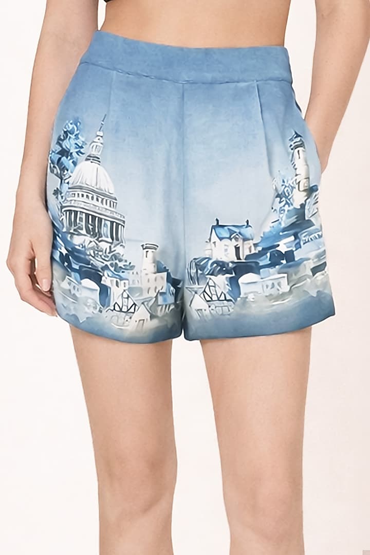 Blue Ombre Viscose Linen Printed Shorts by Ranna Gill at Pernia's Pop Up Shop