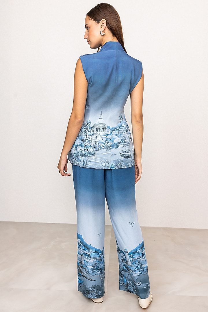 Blue Ombre Viscose Linen Printed Waistcoat by Ranna Gill at Pernia's Pop Up Shop
