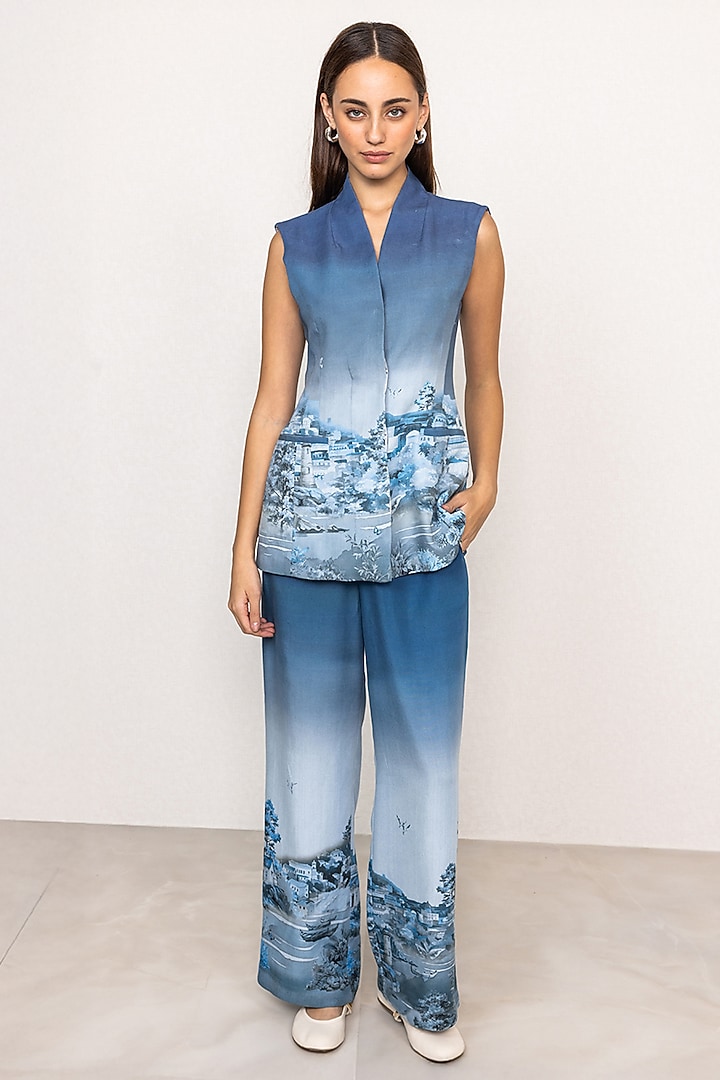 Blue Ombre Viscose Linen Printed Waistcoat by Ranna Gill at Pernia's Pop Up Shop