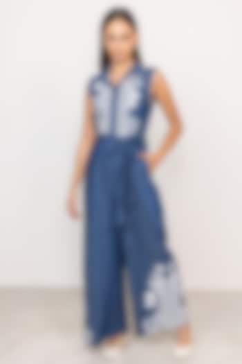Blue Denim Embroidered Jumpsuit by Ranna Gill at Pernia's Pop Up Shop