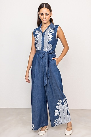 Blue Denim Embroidered Jumpsuit by Ranna Gill