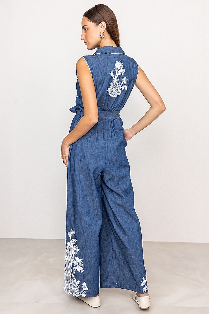 Blue Denim Embroidered Jumpsuit by Ranna Gill at Pernia's Pop Up Shop