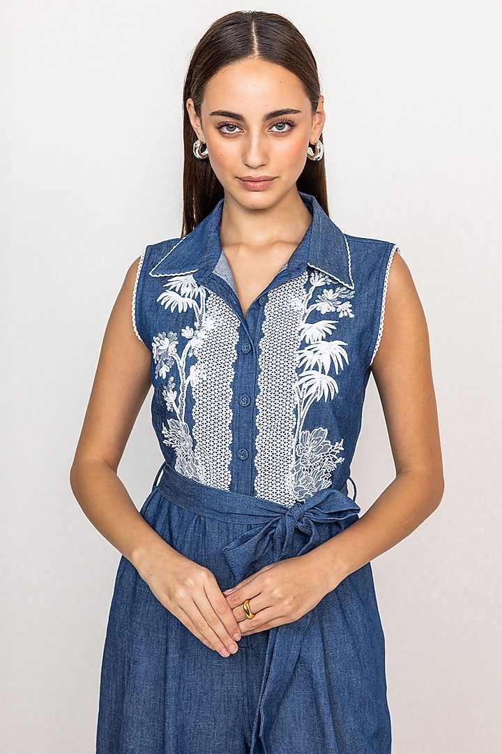 Blue Denim Embroidered Jumpsuit by Ranna Gill at Pernia's Pop Up Shop