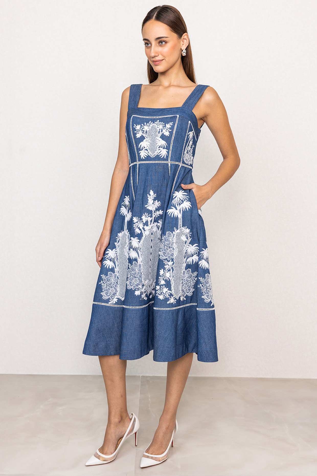 Ranna Gill Blue Denim Embroidered Paneled Midi Dress