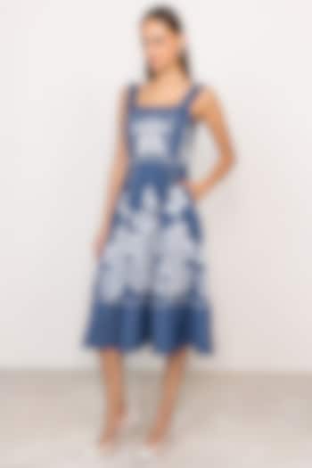 Blue Denim Embroidered Paneled Midi Vacation Dress by Ranna Gill at Pernia's Pop Up Shop