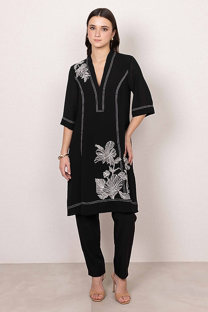 Black Georgette Floral Printed Tunic by Ranna Gill at Pernia's Pop Up Shop
