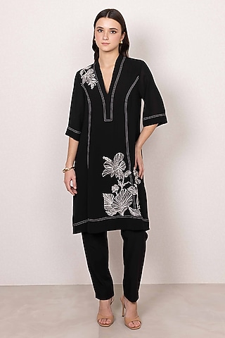 Black Georgette Floral Printed Tunic by Ranna Gill