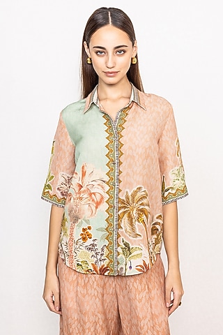 Multi-Colored Linen Viscose Printed Shirt by Ranna Gill