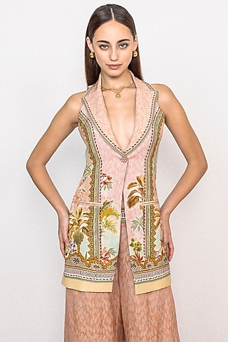 Multi-Colored Linen Viscose Printed Halter Waist Coat by Ranna Gill