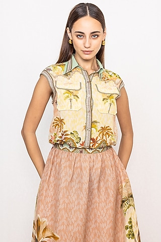 Multi-Colored Linen Viscose Printed Crop Top by Ranna Gill