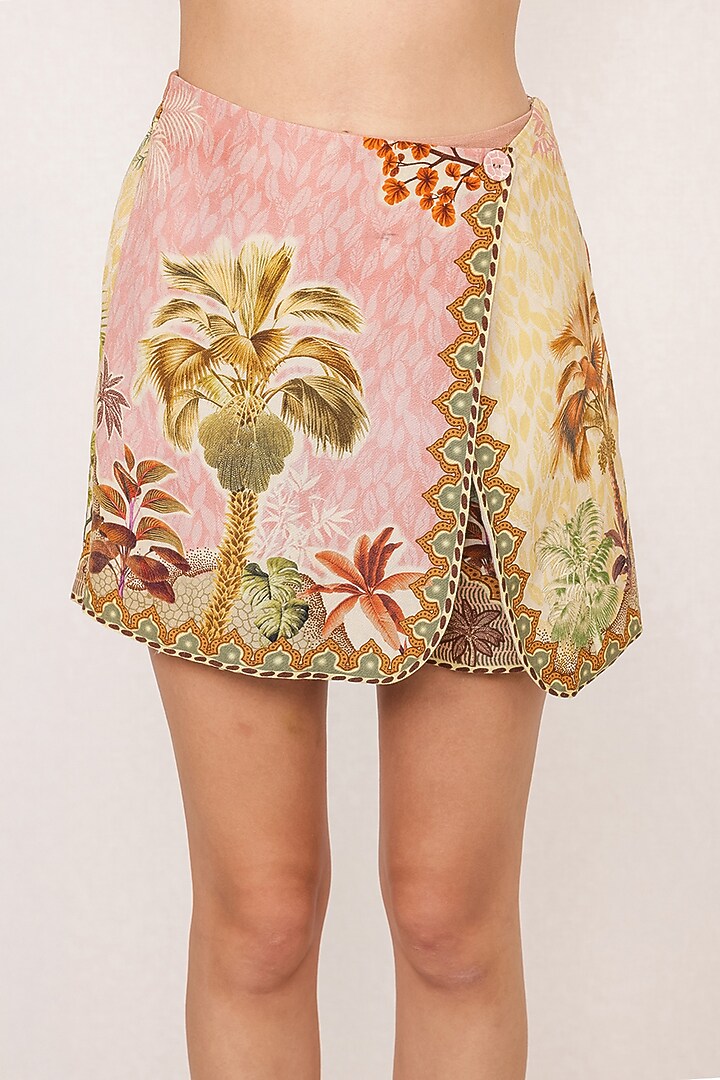 Multi-Colored Linen Viscose Printed Wrap-Style Skorts by Ranna Gill at Pernia's Pop Up Shop