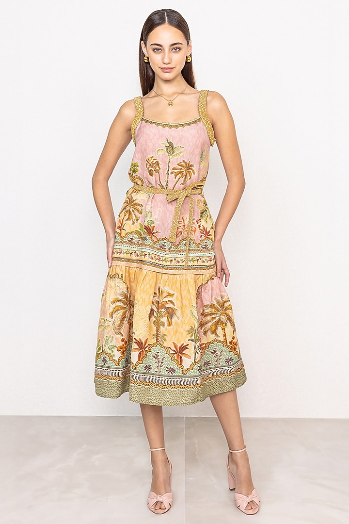 Multi-Colored Linen Viscose Printed Midi Vacation Dress by Ranna Gill at Pernia's Pop Up Shop