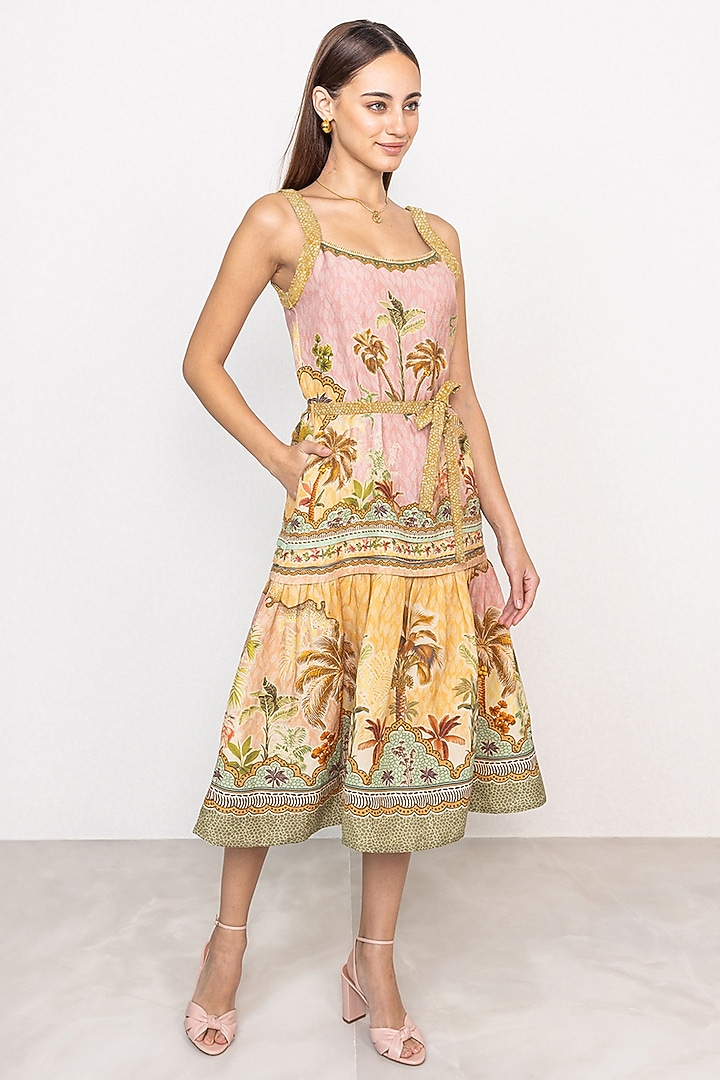 Multi-Colored Linen Viscose Printed Midi Vacation Dress by Ranna Gill at Pernia's Pop Up Shop