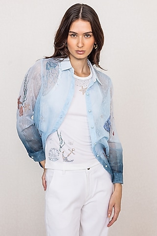 Blue Dhaka Linen Printed Ombre Shirt by Ranna Gill
