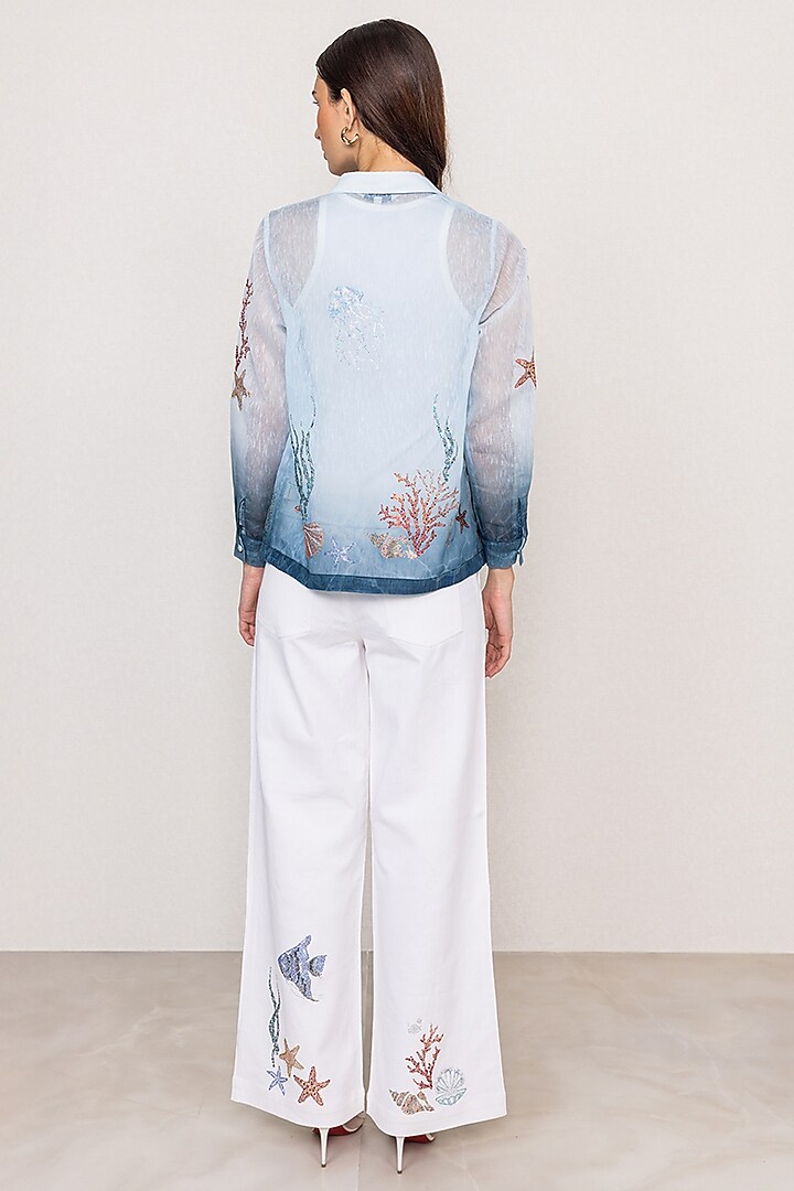 Blue Dhaka Linen Printed Ombre Shirt by Ranna Gill at Pernia's Pop Up Shop