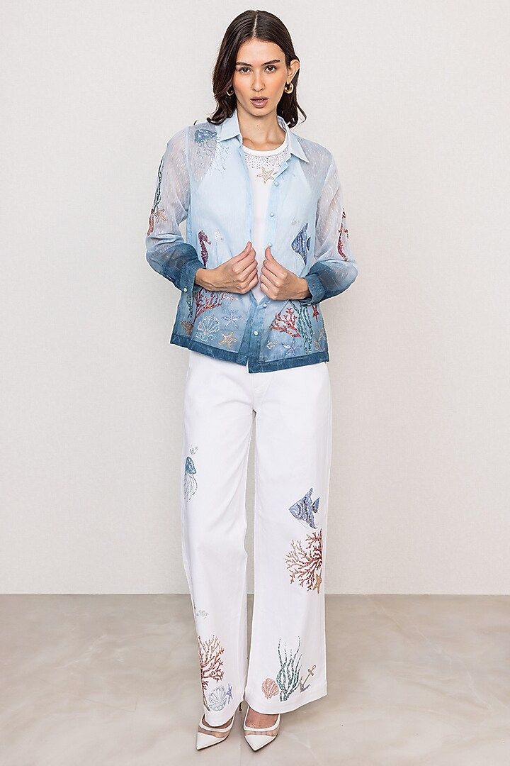 Blue Dhaka Linen Printed Ombre Shirt by Ranna Gill at Pernia's Pop Up Shop