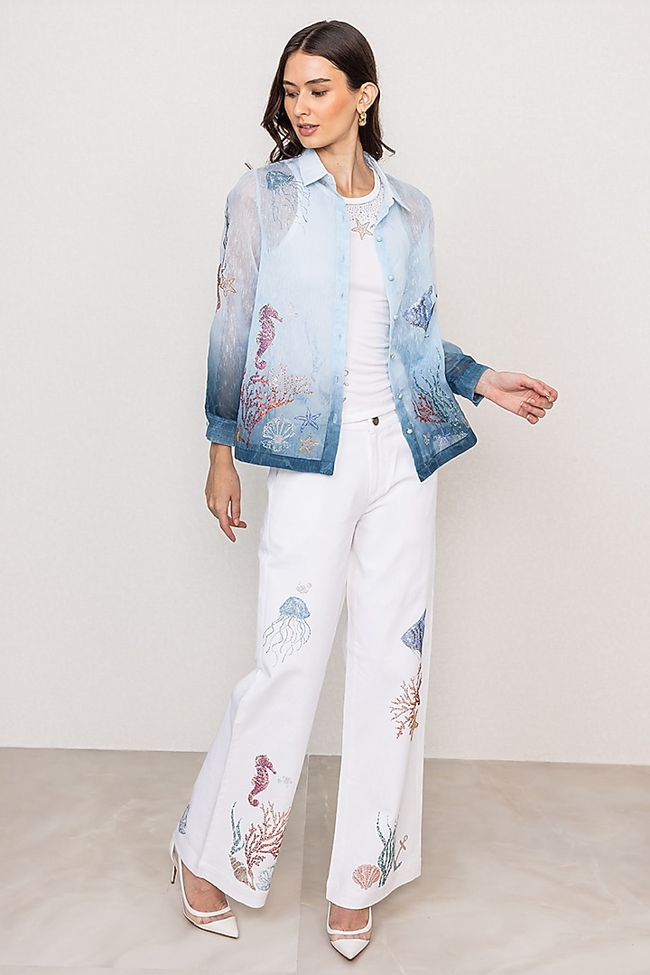 Blue Dhaka Linen Printed Ombre Shirt by Ranna Gill at Pernia's Pop Up Shop