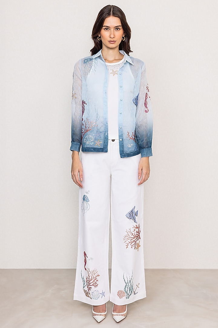 Blue Dhaka Linen Printed Ombre Shirt by Ranna Gill at Pernia's Pop Up Shop