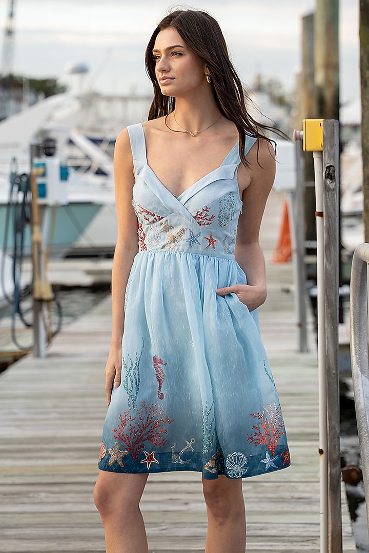 Blue Ombre Dhaka Linen Mini Vacation Dress by Ranna Gill at Pernia's Pop Up Shop