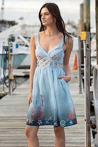 Blue Ombre Dhaka Linen Mini Dress by Ranna Gill