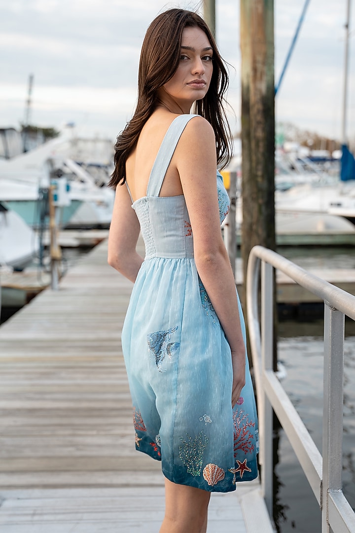 Blue Ombre Dhaka Linen Mini Vacation Dress by Ranna Gill at Pernia's Pop Up Shop