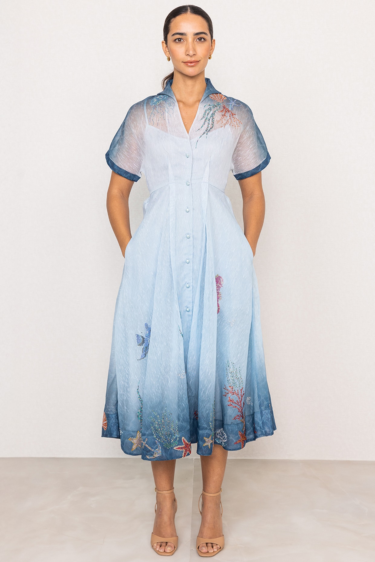 Ranna Gill Blue Ombre Dhaka Linen Midi Dress