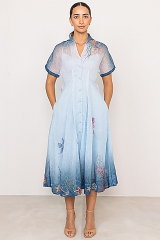 Blue Ombre Dhaka Linen Midi Dress by Ranna Gill