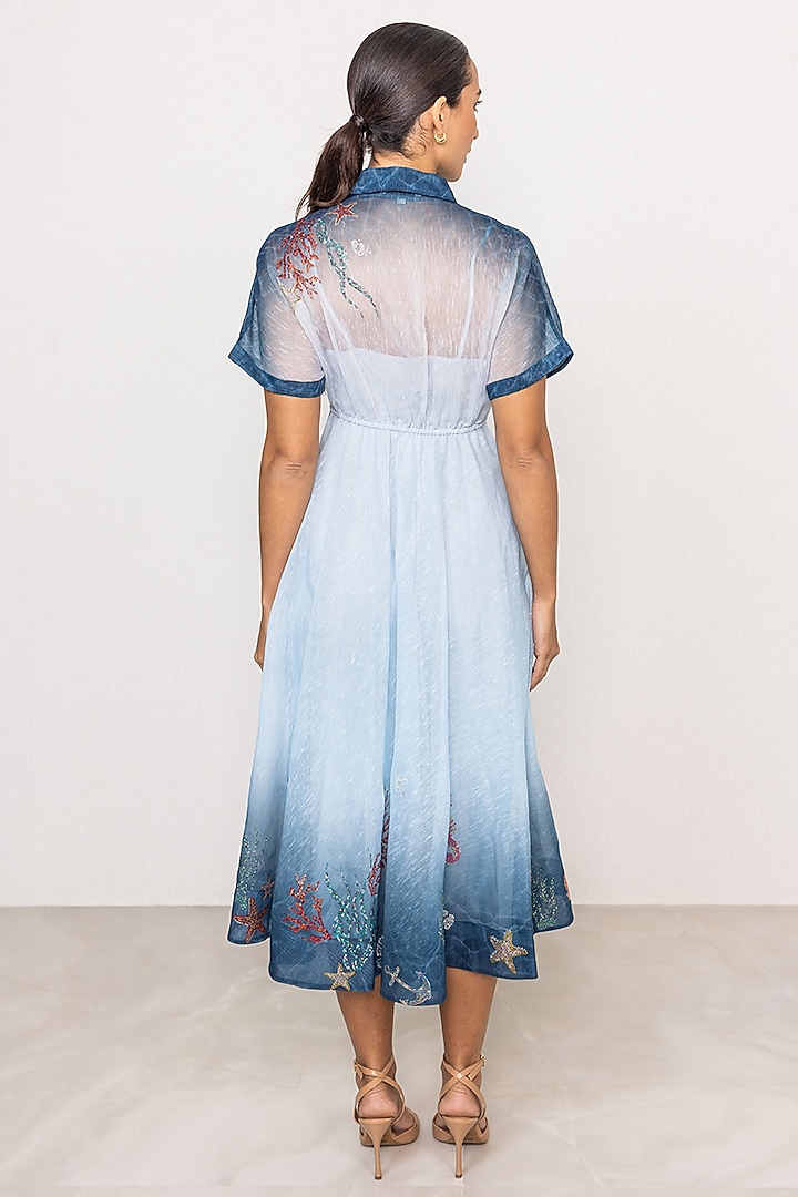 Blue Ombre Dhaka Linen Midi Vacation Dress by Ranna Gill at Pernia's Pop Up Shop