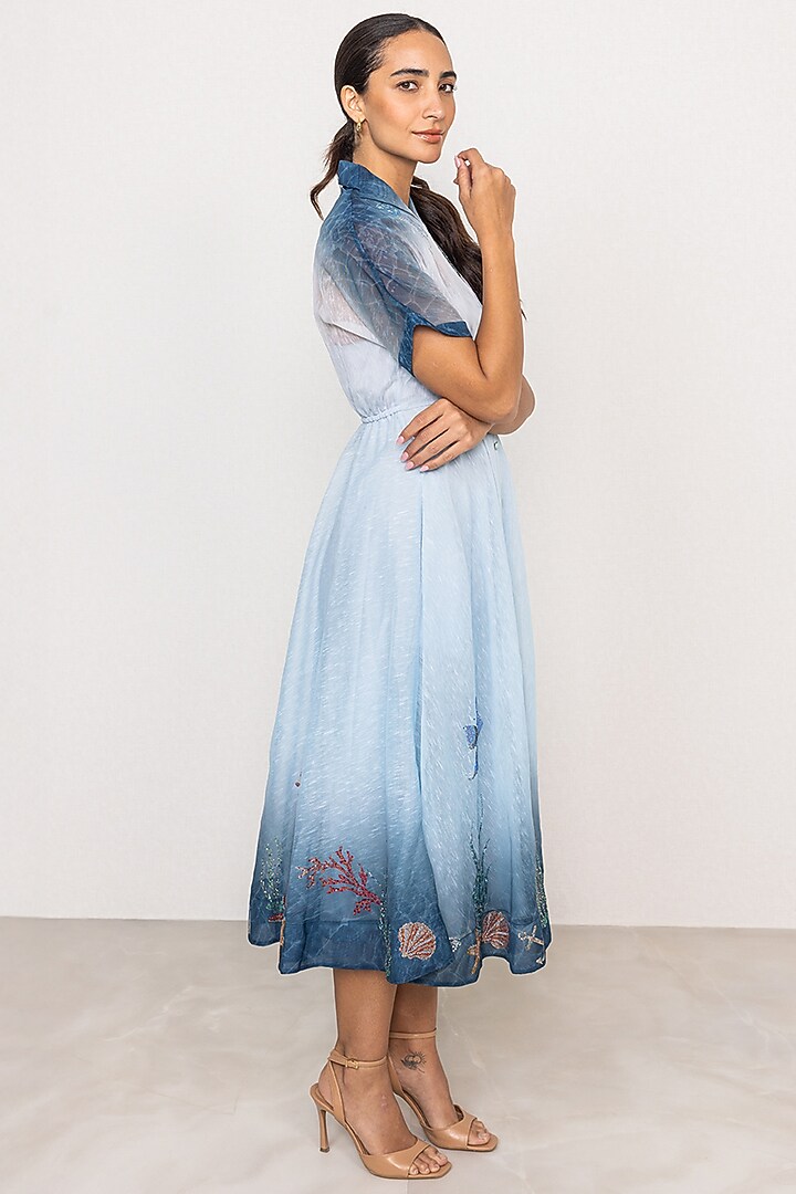 Blue Ombre Dhaka Linen Midi Vacation Dress by Ranna Gill at Pernia's Pop Up Shop