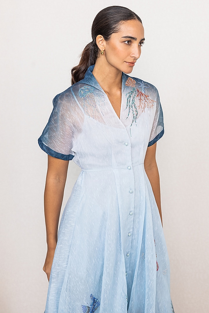 Blue Ombre Dhaka Linen Midi Vacation Dress by Ranna Gill at Pernia's Pop Up Shop