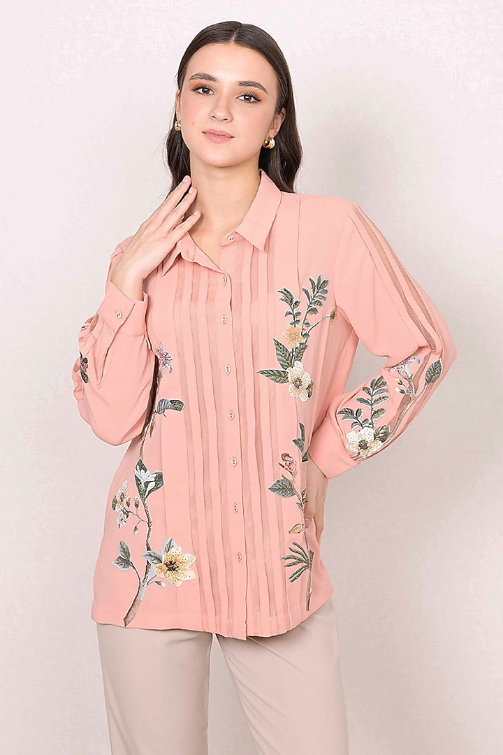 Peach Georgette Floral Embroidered Shirt by Ranna Gill at Pernia's Pop Up Shop