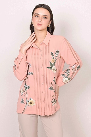 Peach Georgette Floral Embroidered Shirt by Ranna Gill